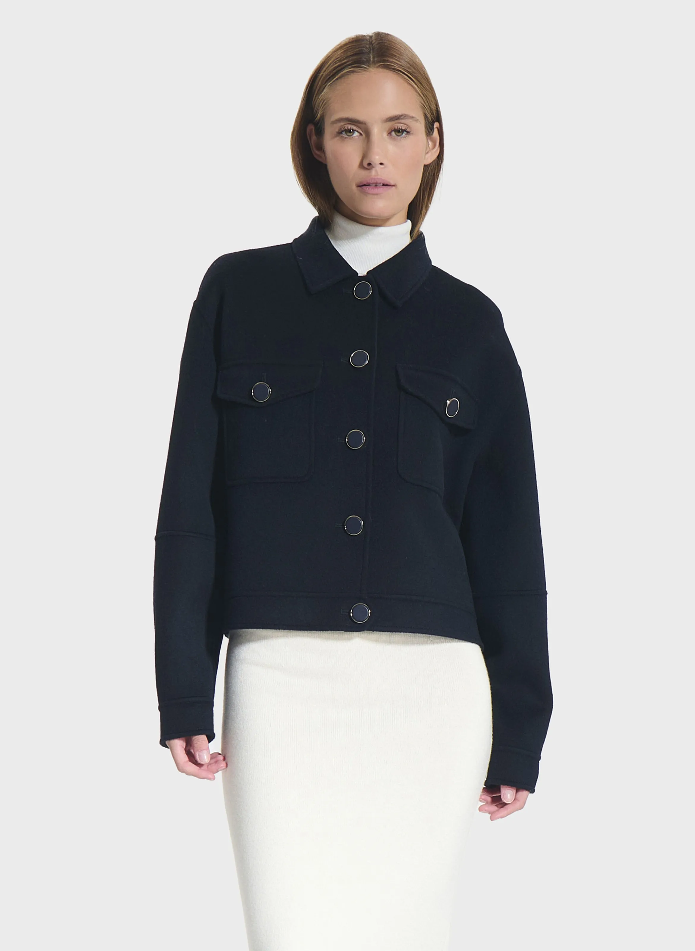 Blue Wool Blend Jacket with Lapel Collar - MELANIA